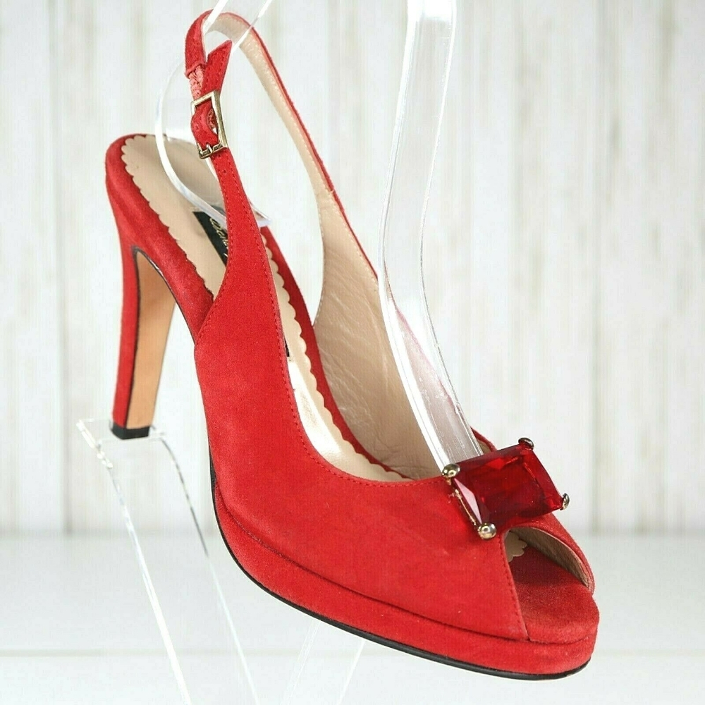 Beverly Feldman Red Suede Peep-Toe Slingback Heels with Gem